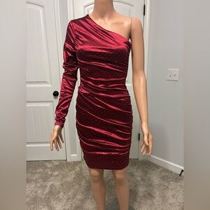 Gianni Bini One-Shoulder Burgundy Velvet Dress with Sparkle